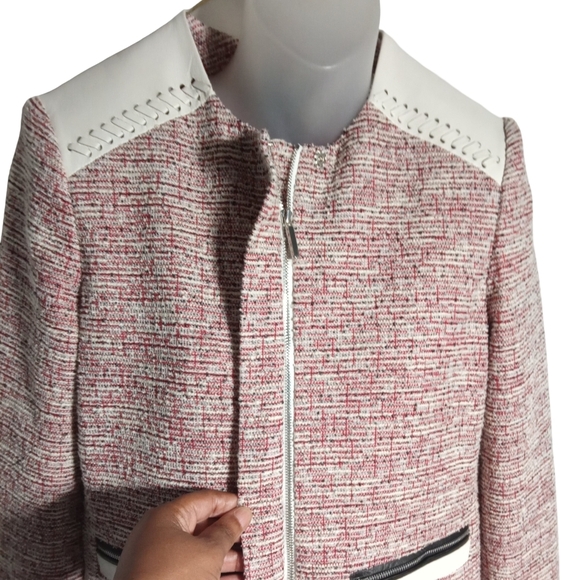 Etcetera Pink White Tweed Long Sleeve Collarless Jacket Contrast Trim Zip Pocket - Picture 4 of 8